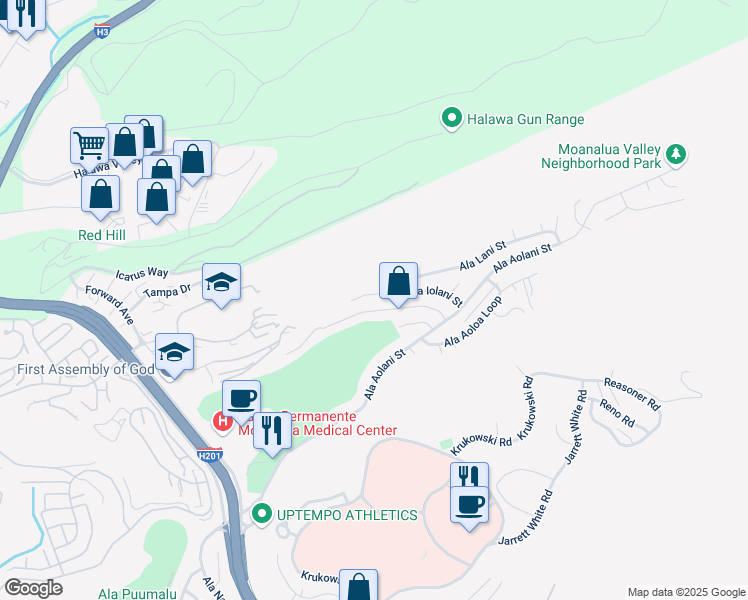 map of restaurants, bars, coffee shops, grocery stores, and more near 1424 Ala Iolani Street in Honolulu