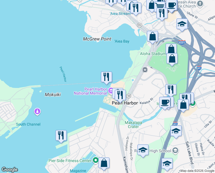 map of restaurants, bars, coffee shops, grocery stores, and more near 11 Arizona Memorial Road in Honolulu
