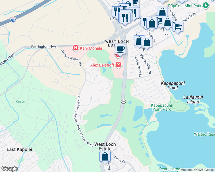 map of restaurants, bars, coffee shops, grocery stores, and more near 911199 Laulaunui Street in Ewa Beach