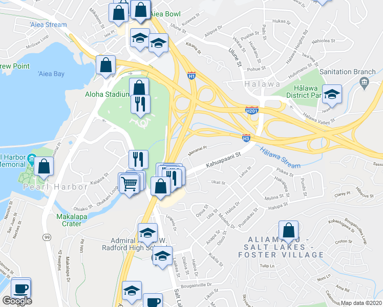 map of restaurants, bars, coffee shops, grocery stores, and more near 329 Mananai Place in Honolulu