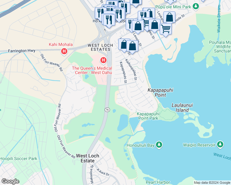 map of restaurants, bars, coffee shops, grocery stores, and more near 91-1037 Nahawele Street in Ewa Beach