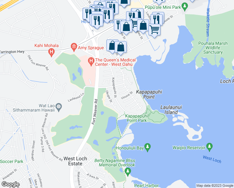 map of restaurants, bars, coffee shops, grocery stores, and more near 91-1067 Huluhulu Street in Ewa Beach