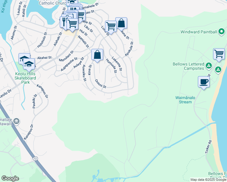 map of restaurants, bars, coffee shops, grocery stores, and more near 1467 Kina Street in Kailua
