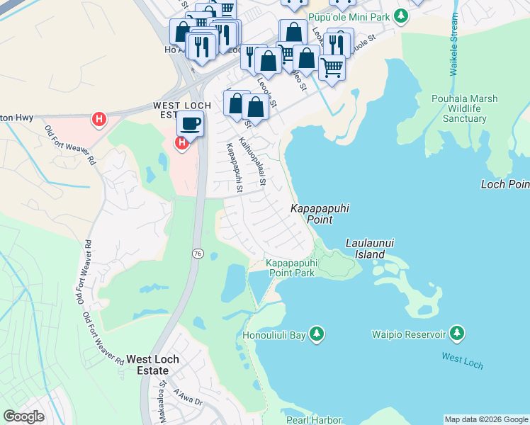 map of restaurants, bars, coffee shops, grocery stores, and more near 91-1038 Huluhulu Street in Ewa Beach