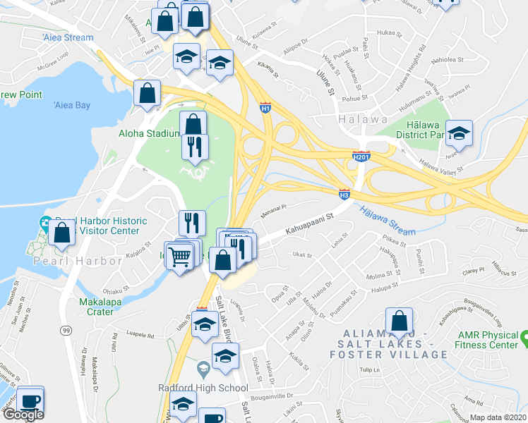 map of restaurants, bars, coffee shops, grocery stores, and more near 329 Mananai Place in Honolulu