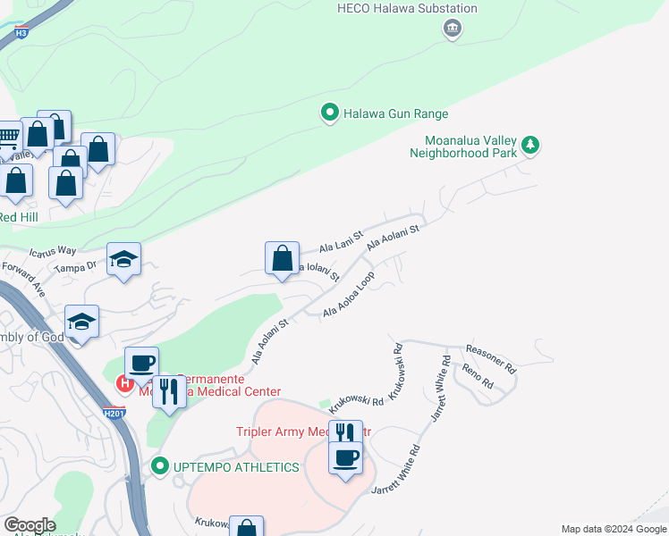 map of restaurants, bars, coffee shops, grocery stores, and more near 1525 Ala Iolani Place in Honolulu