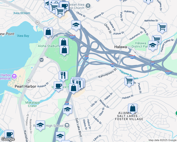 map of restaurants, bars, coffee shops, grocery stores, and more near 373 Mananai Place in Honolulu
