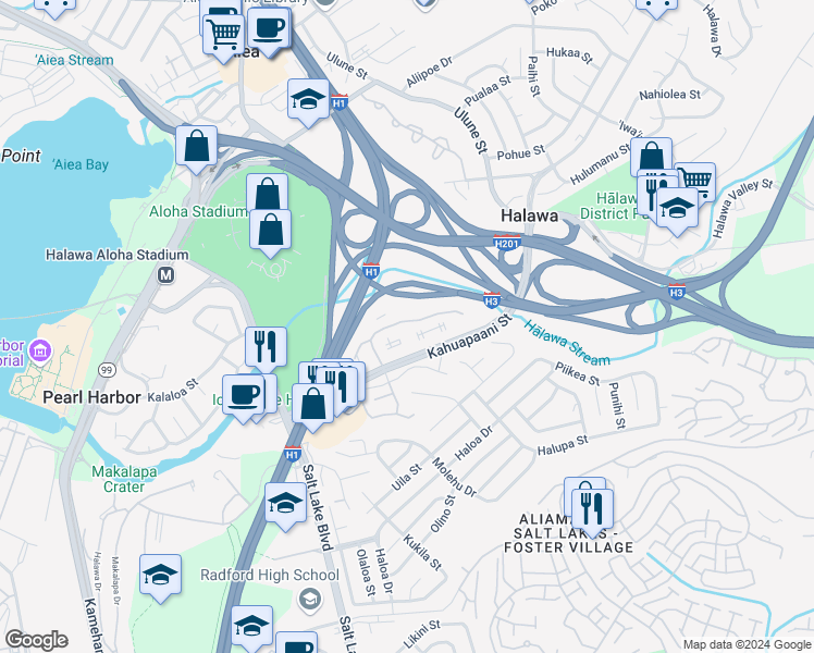 map of restaurants, bars, coffee shops, grocery stores, and more near 429 Mananai Place in Honolulu