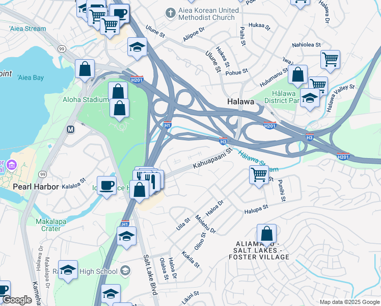 map of restaurants, bars, coffee shops, grocery stores, and more near 500 Mananai Place in Honolulu