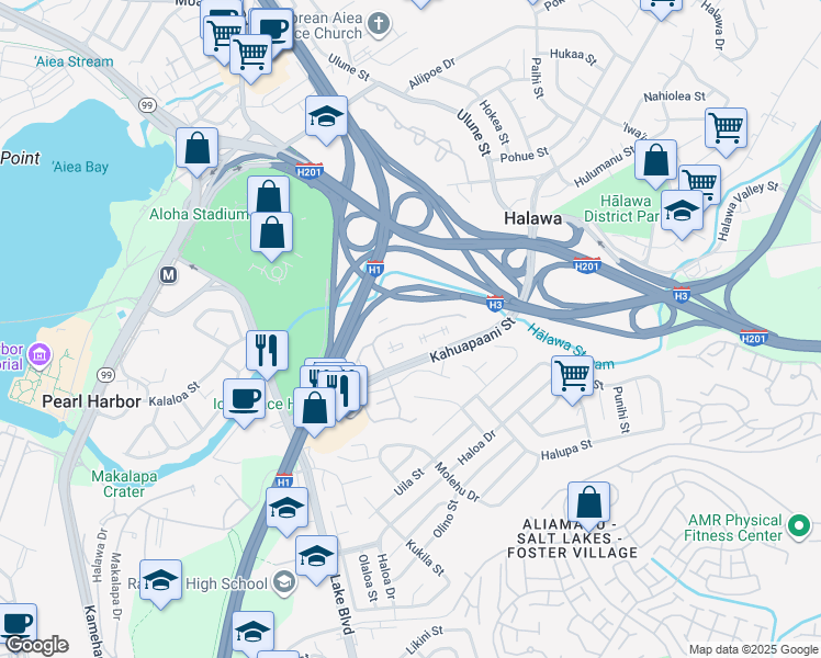 map of restaurants, bars, coffee shops, grocery stores, and more near 429 Mananai Place in Honolulu