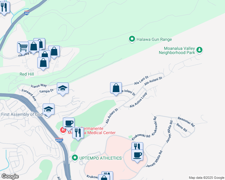 map of restaurants, bars, coffee shops, grocery stores, and more near 1424 Ala Iolani Street in Honolulu