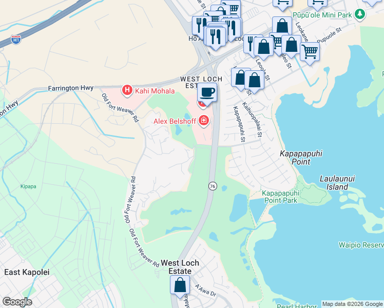 map of restaurants, bars, coffee shops, grocery stores, and more near 911199 Laulaunui Street in Ewa Beach