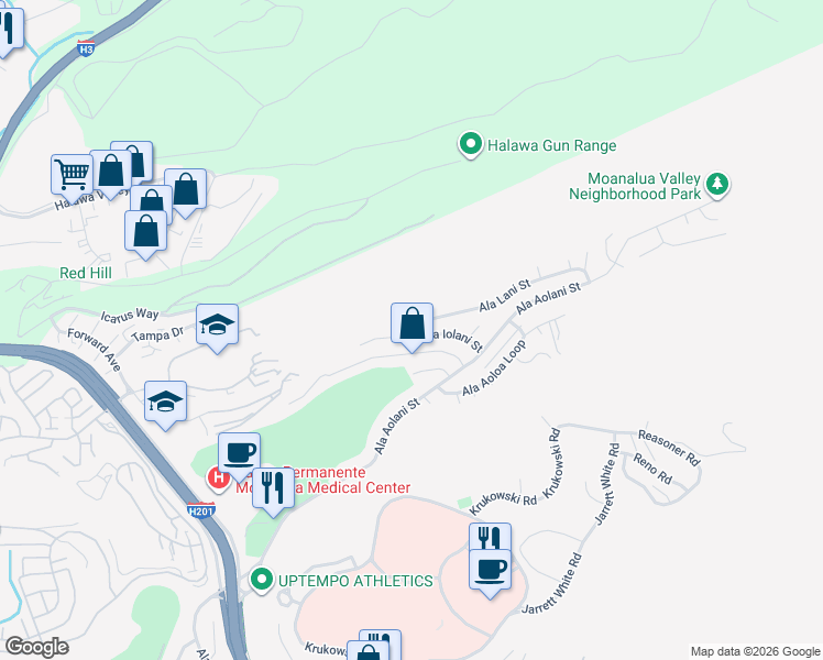 map of restaurants, bars, coffee shops, grocery stores, and more near 1424 Ala Iolani Street in Honolulu