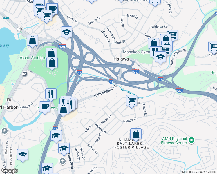 map of restaurants, bars, coffee shops, grocery stores, and more near 626 Mananai Place in Honolulu