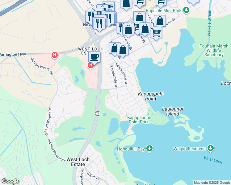 map of restaurants, bars, coffee shops, grocery stores, and more near 91-1067 Huluhulu Street in Ewa Beach
