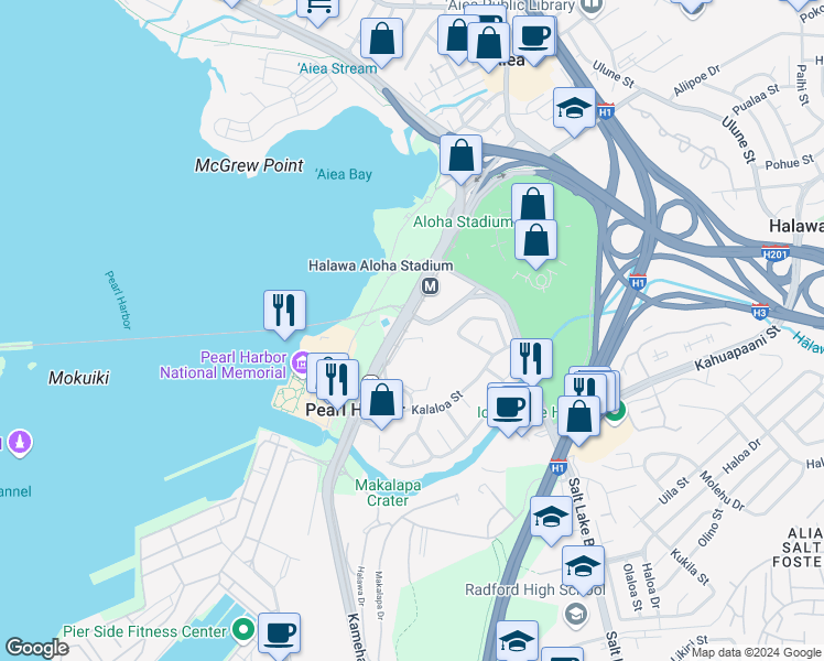 map of restaurants, bars, coffee shops, grocery stores, and more near 2 Kamehameha Highway in Aiea