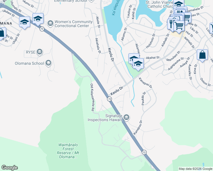 map of restaurants, bars, coffee shops, grocery stores, and more near 1499 Akeke Place in Kailua