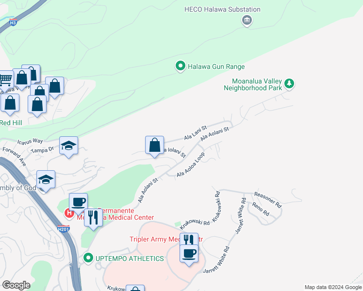 map of restaurants, bars, coffee shops, grocery stores, and more near 1525 Ala Iolani Place in Honolulu