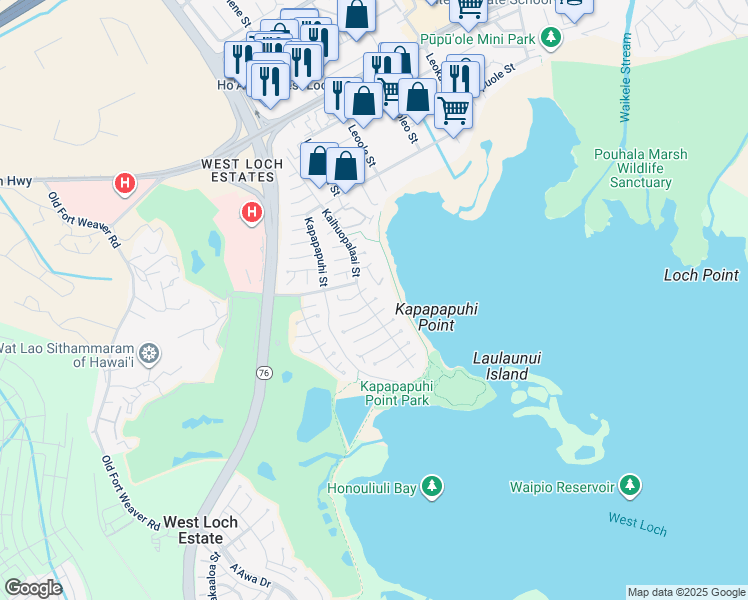 map of restaurants, bars, coffee shops, grocery stores, and more near 187 Huluhulu Street in Ewa Beach