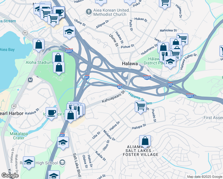 map of restaurants, bars, coffee shops, grocery stores, and more near 626 Mananai Place in Halawa