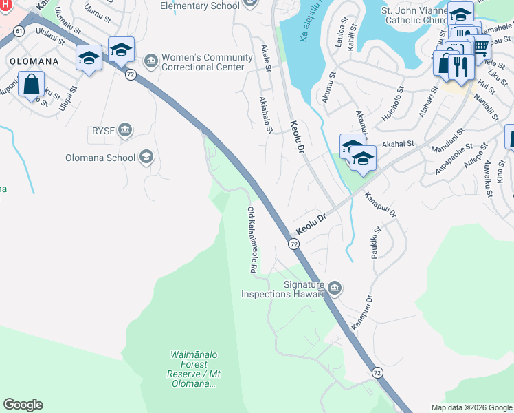 map of restaurants, bars, coffee shops, grocery stores, and more near 42-281 Old Kalanianaole Road in Kailua