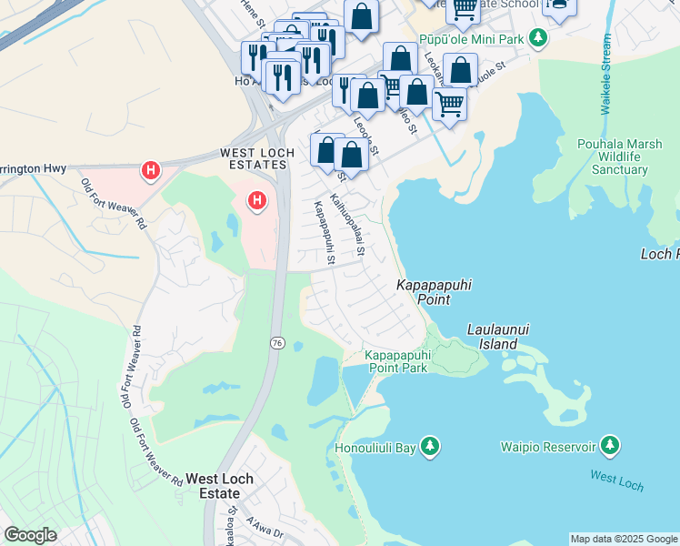 map of restaurants, bars, coffee shops, grocery stores, and more near 91-1067 Huluhulu Street in Ewa Beach