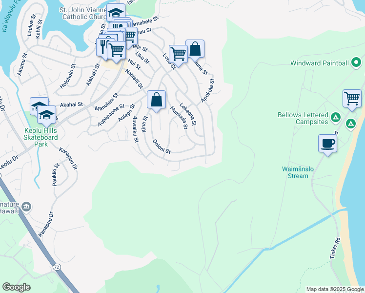 map of restaurants, bars, coffee shops, grocery stores, and more near 1470 Humuwili Place in Kailua