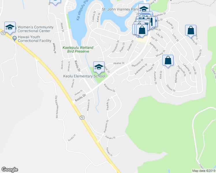 map of restaurants, bars, coffee shops, grocery stores, and more near 1443 Akamai Street in Kailua
