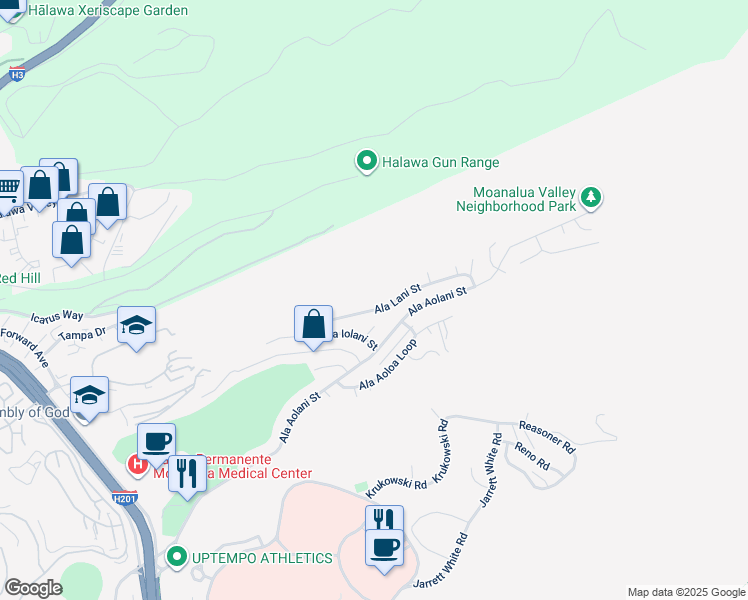 map of restaurants, bars, coffee shops, grocery stores, and more near 1560 Ala Lani Street in Honolulu