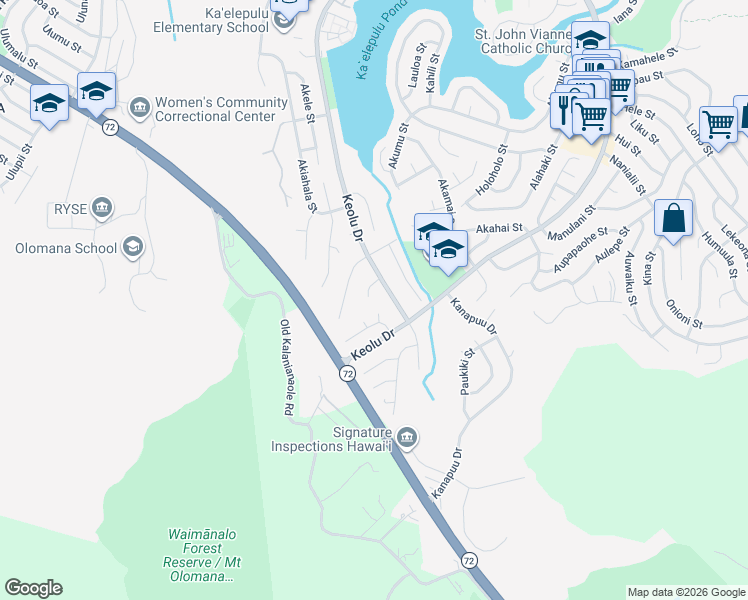 map of restaurants, bars, coffee shops, grocery stores, and more near 1450 Akanahe Place in Kailua
