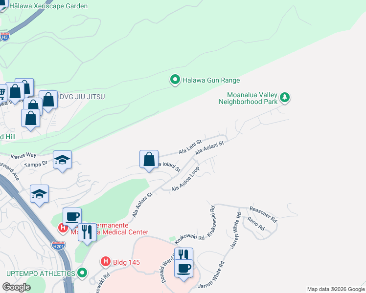 map of restaurants, bars, coffee shops, grocery stores, and more near 1560 Ala Lani Street in Honolulu