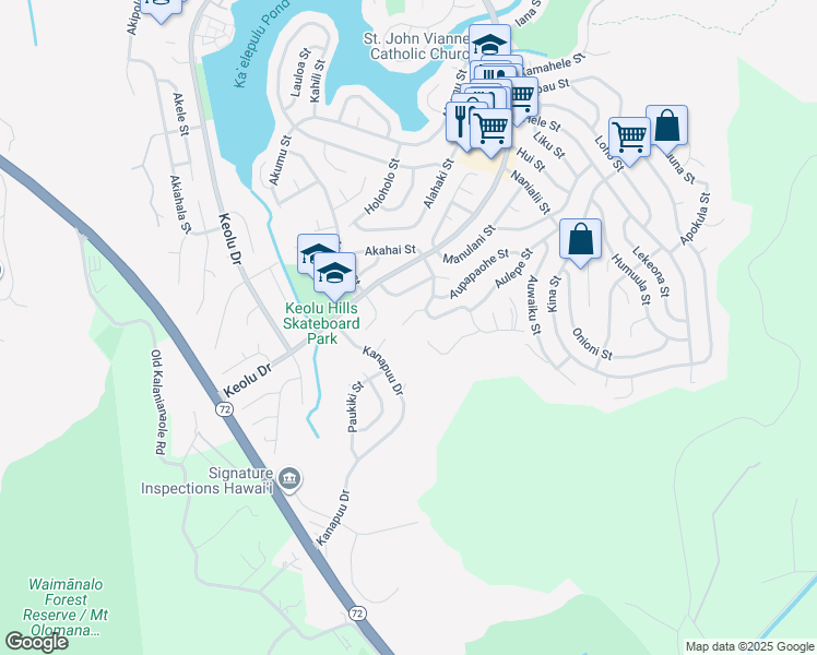 map of restaurants, bars, coffee shops, grocery stores, and more near 1439 Auauki Street in Kailua