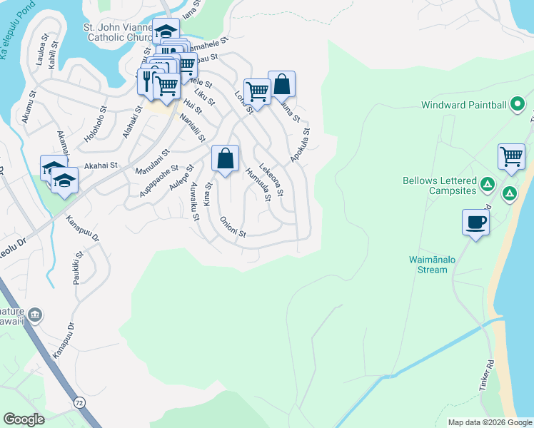 map of restaurants, bars, coffee shops, grocery stores, and more near 1470 Humuwili Place in Kailua