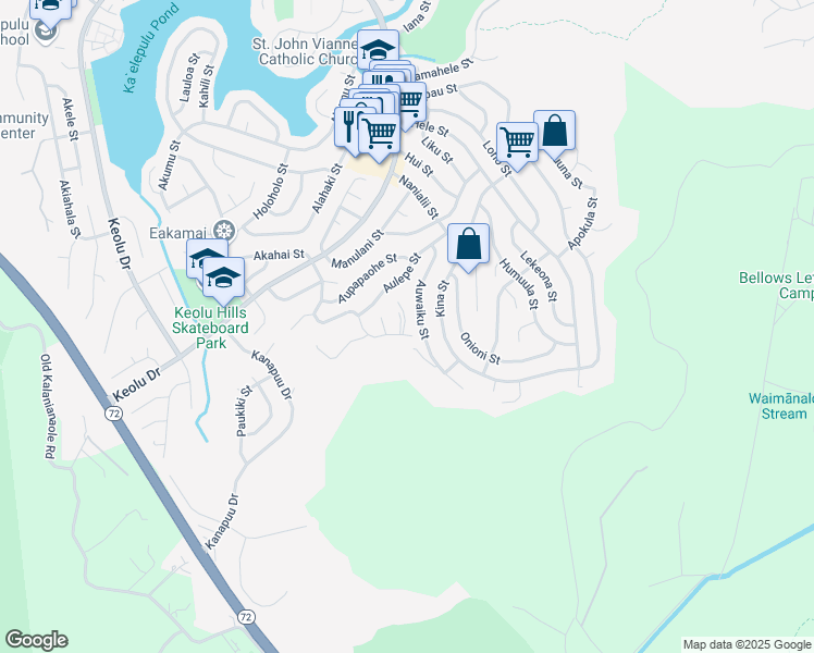 map of restaurants, bars, coffee shops, grocery stores, and more near 1279 Aupupu Place in Kailua