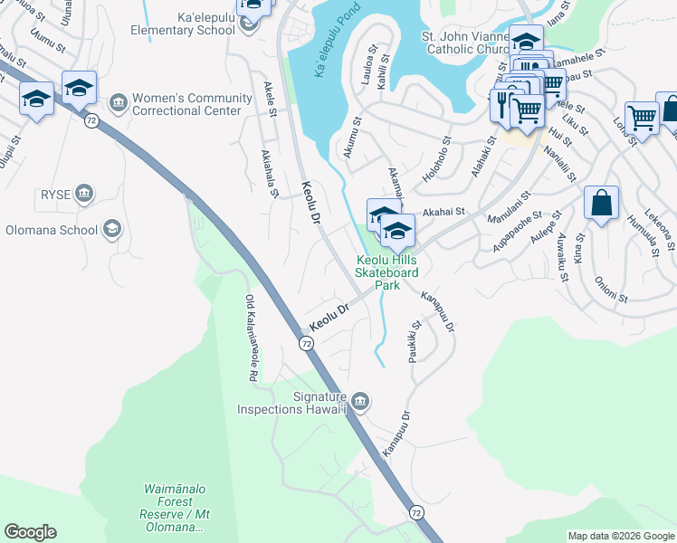 map of restaurants, bars, coffee shops, grocery stores, and more near 1450 Akanahe Place in Kailua