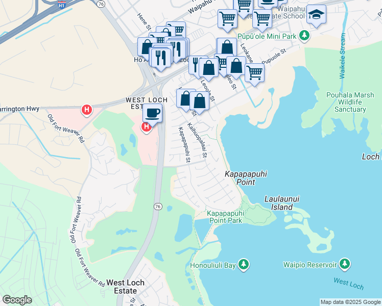 map of restaurants, bars, coffee shops, grocery stores, and more near 91-1052 Muiona Street in Ewa Beach