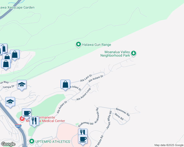 map of restaurants, bars, coffee shops, grocery stores, and more near 1591 Ala Lani Street in Honolulu