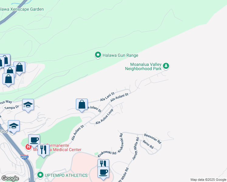 map of restaurants, bars, coffee shops, grocery stores, and more near 1591 Ala Lani Street in Honolulu