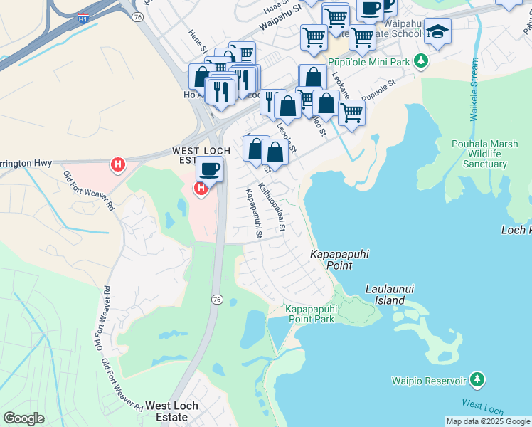 map of restaurants, bars, coffee shops, grocery stores, and more near 91-1040 Kupekala Street in Ewa Beach