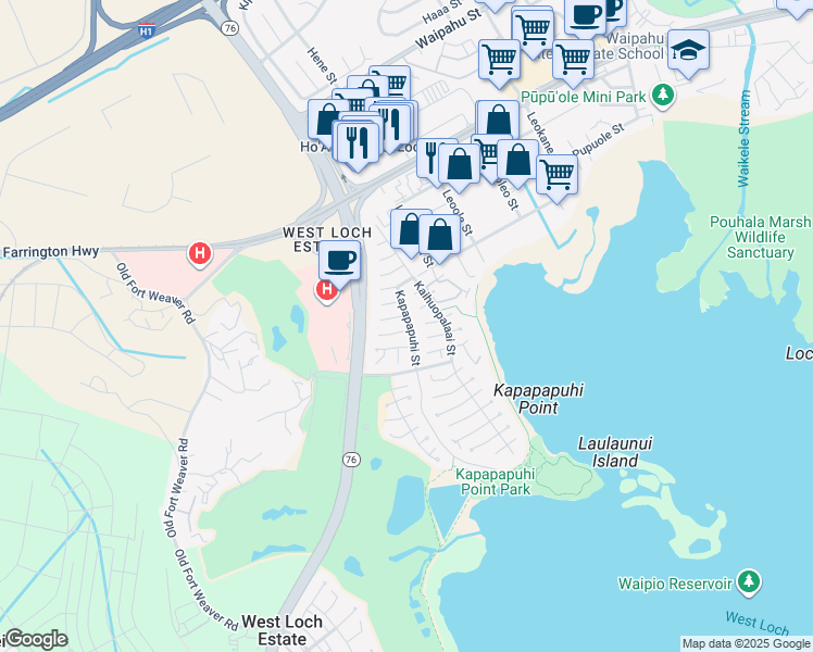 map of restaurants, bars, coffee shops, grocery stores, and more near 91-103 Puhilaumilo Place in Ewa Beach