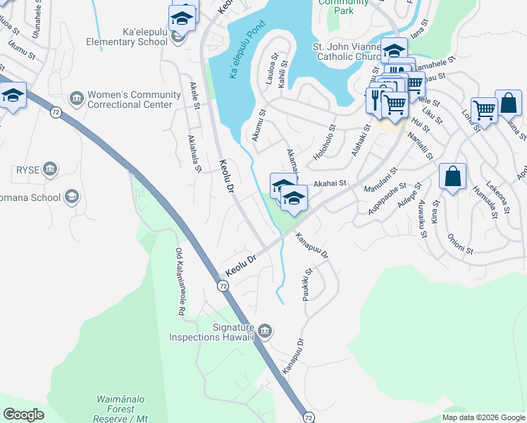 map of restaurants, bars, coffee shops, grocery stores, and more near 1446 Akuleana Place in Kailua