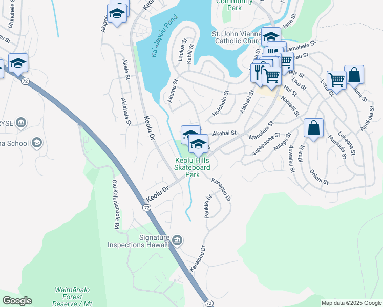 map of restaurants, bars, coffee shops, grocery stores, and more near 1416 Keolu Drive in Kailua
