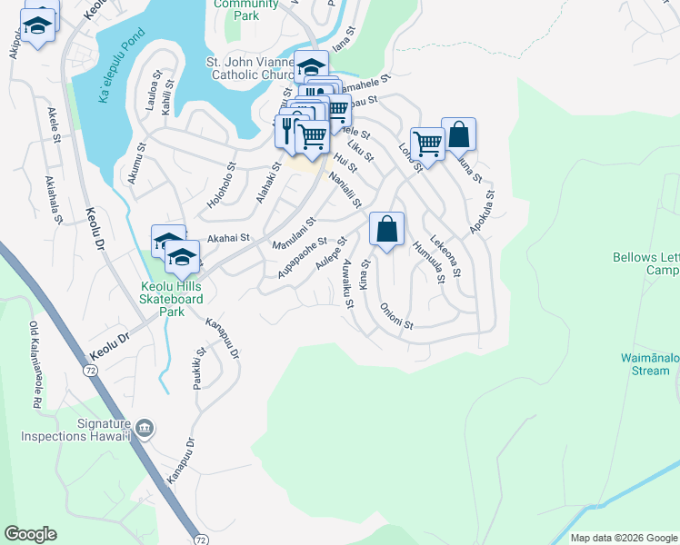 map of restaurants, bars, coffee shops, grocery stores, and more near 1290 Auwaiku Street in Kailua