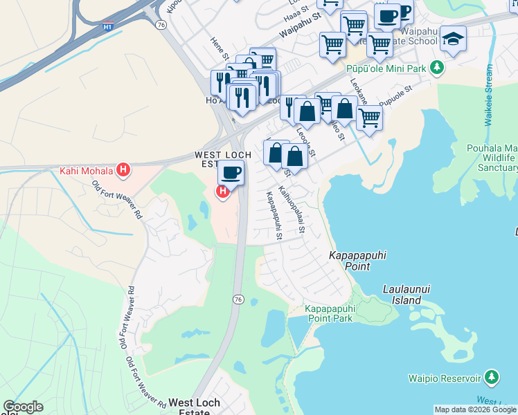 map of restaurants, bars, coffee shops, grocery stores, and more near 91-129 Nehupala Place in Ewa Beach