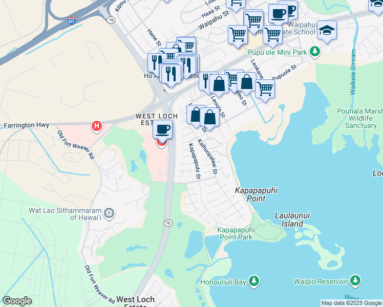 map of restaurants, bars, coffee shops, grocery stores, and more near 91-103 Nehupala Place in Ewa Beach