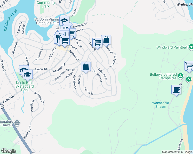map of restaurants, bars, coffee shops, grocery stores, and more near 1421 Humuula Street in Kailua