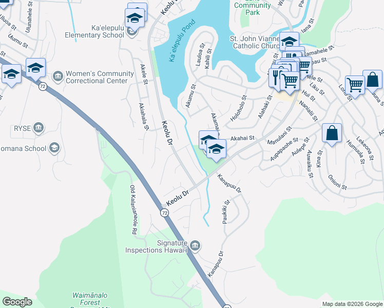 map of restaurants, bars, coffee shops, grocery stores, and more near 1446 Akuleana Place in Kailua
