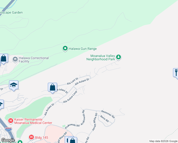map of restaurants, bars, coffee shops, grocery stores, and more near 1675 Ala Lani Pl in Honolulu