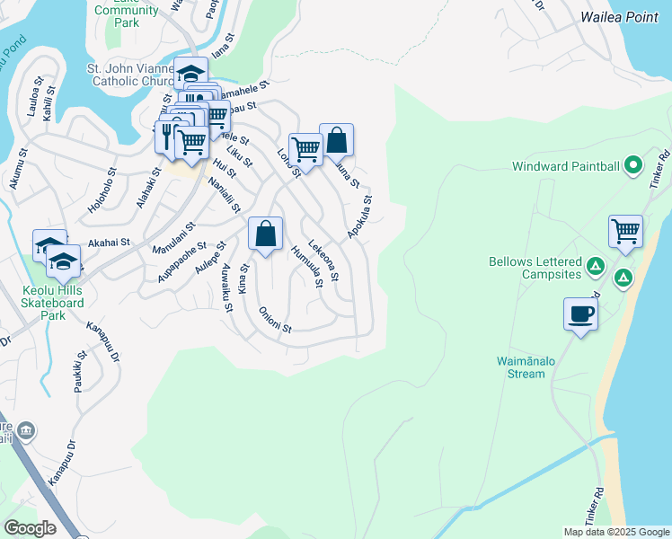 map of restaurants, bars, coffee shops, grocery stores, and more near 1426 Lekeona Street in Kailua