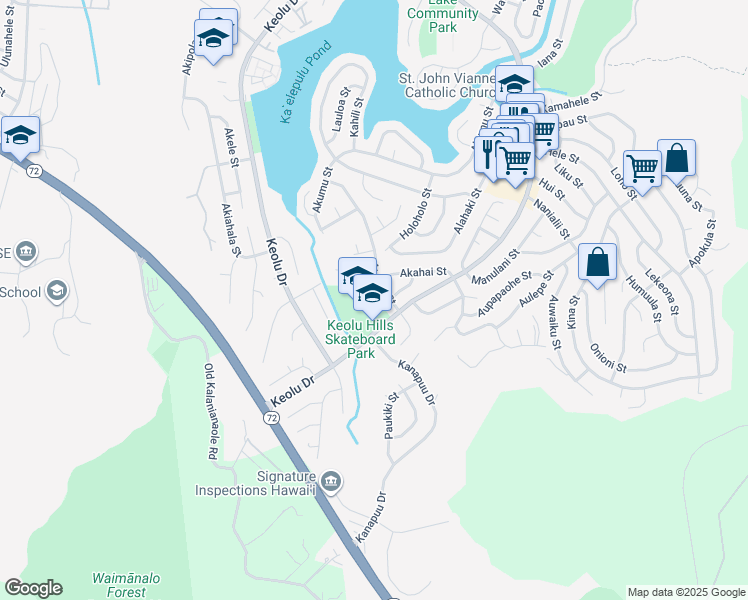 map of restaurants, bars, coffee shops, grocery stores, and more near 1416 Keolu Drive in Kailua
